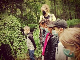 Explications de la flore aux enfants le long d'un chemin.