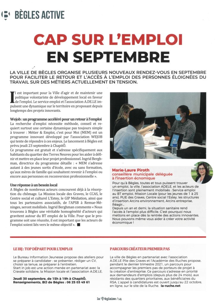 article du magazine "La Béglaise" sur le retour à l'emploi