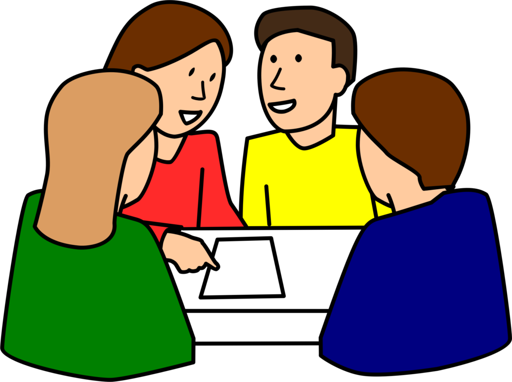dessin de quatre personnes travaillant en groupe
